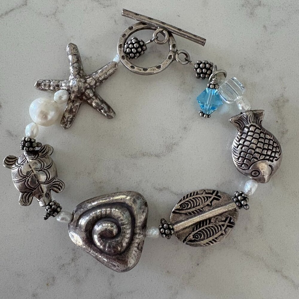 Sterling Silver, Stamped Trade Bead, Real Pearl, Swarovski Crystal, Bracelet